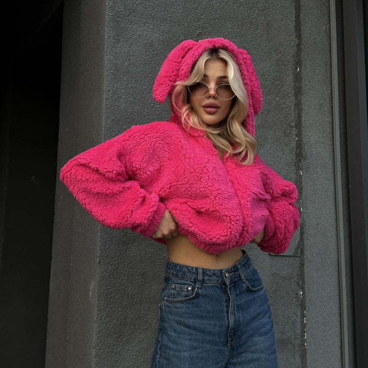 Ladies comfortable fleece jacket with animal hood design Lune London