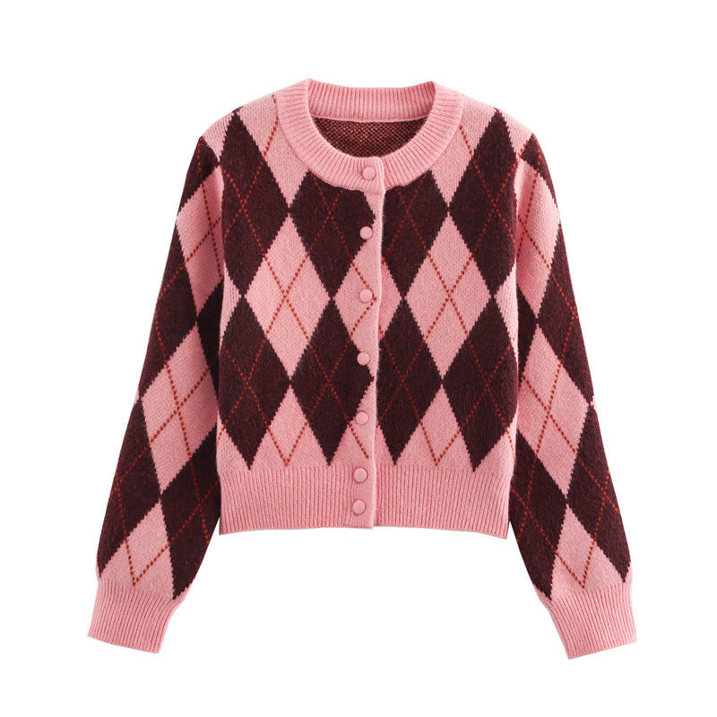 Women's patterned knit cardigan with buttons and intricate diamond design Lune London