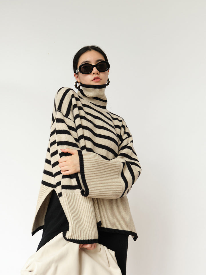 Pull turtleneck en tricot épais pour femmes avec motif rayé maritime et coupe décontractée Chic & Stil
