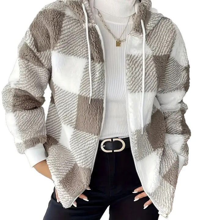 Ladies Cozy Hooded Jacket in Chic Checkered Design