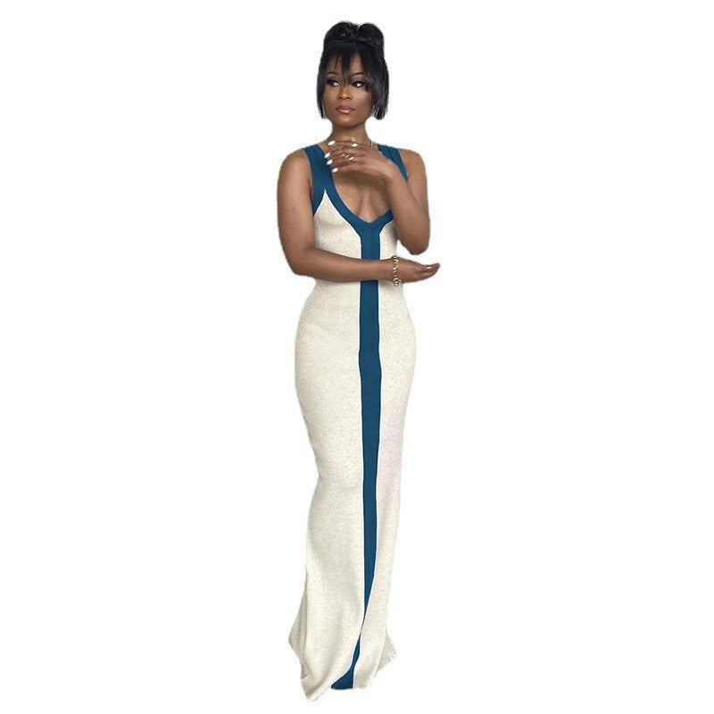 Elegant maxi dress for women with deep V-neck and contrasting stripe Lune London