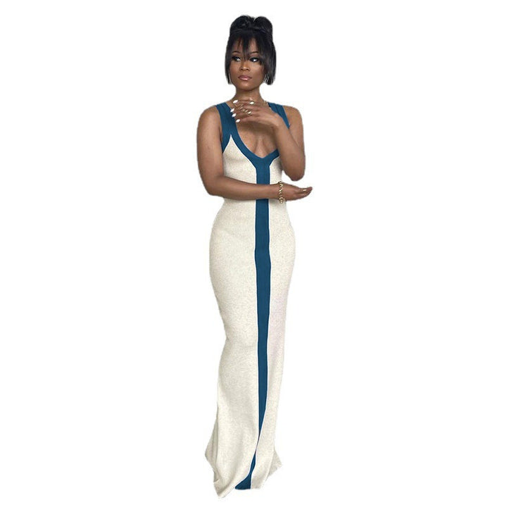 Elegant maxi dress for women with deep V-neck and contrasting stripe Lune London