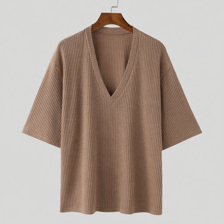 Oversized V-neck T-shirt for women in textured cotton material Lune London