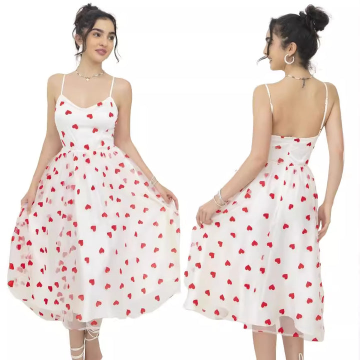 Women's romantic A-line dress with heart motif and adjustable straps Lune London