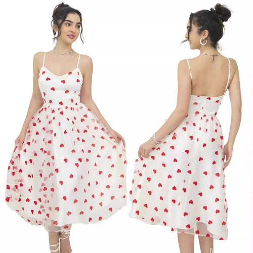 Women's romantic A-line dress with heart motif and adjustable straps Lune London