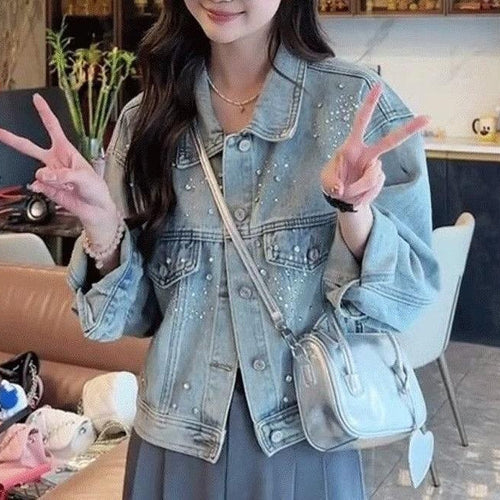 Veste en denim pour femme avec perles décoratives Chic & Stil