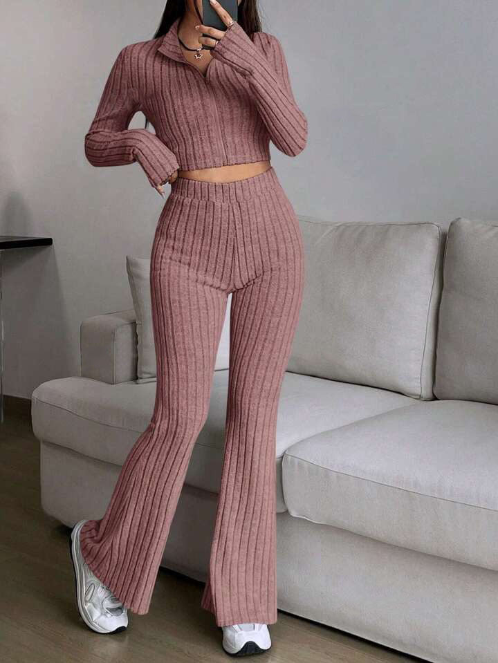 Modern knit set for ladies with cropped top and wide pants Lune London