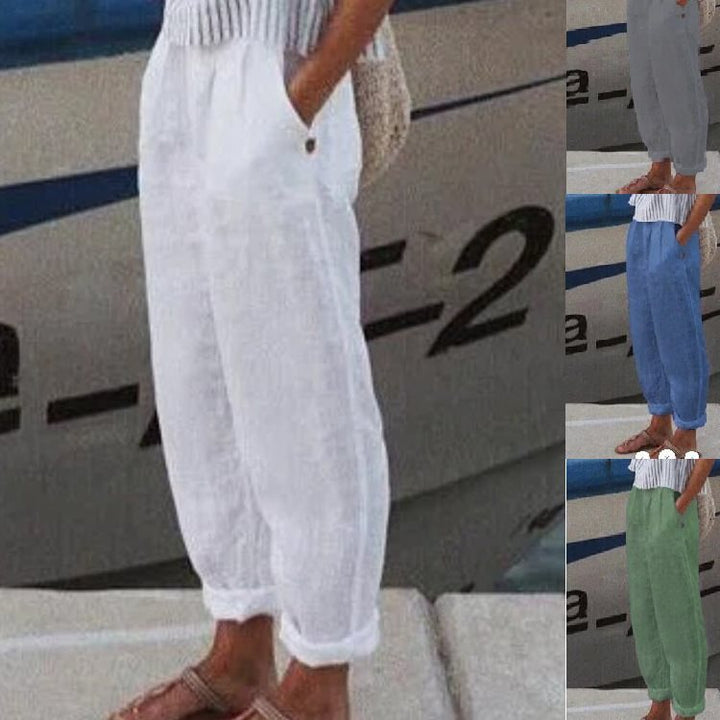 Casual linen pants for women with elastic waistband and practical side pockets Lune London