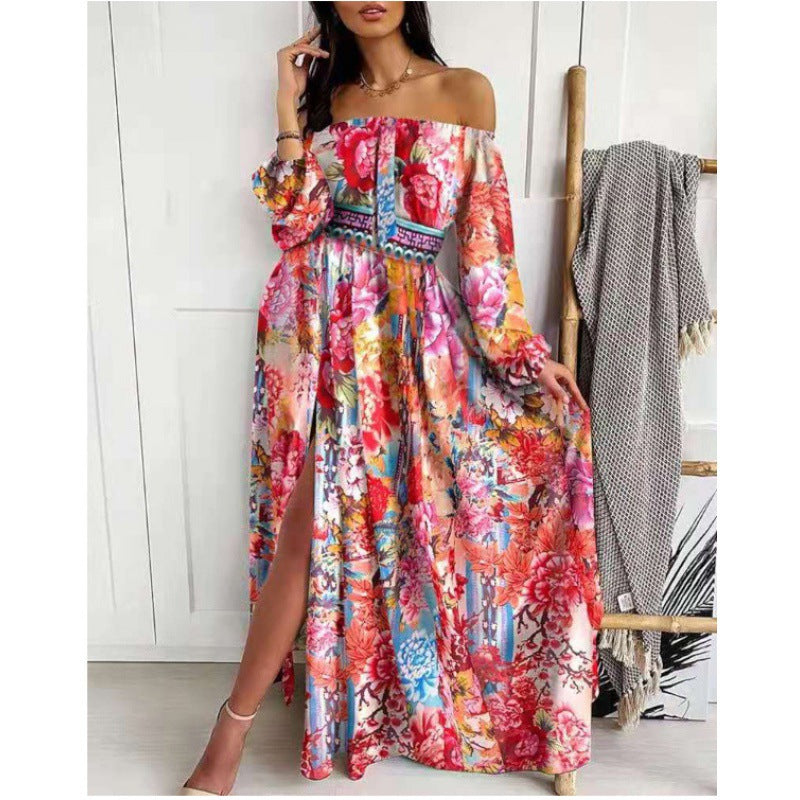 Off-shoulder maxi dress for women with elegant print Lune London