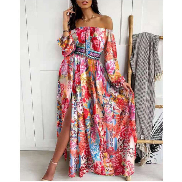 Off-shoulder maxi dress for women with elegant print Lune London