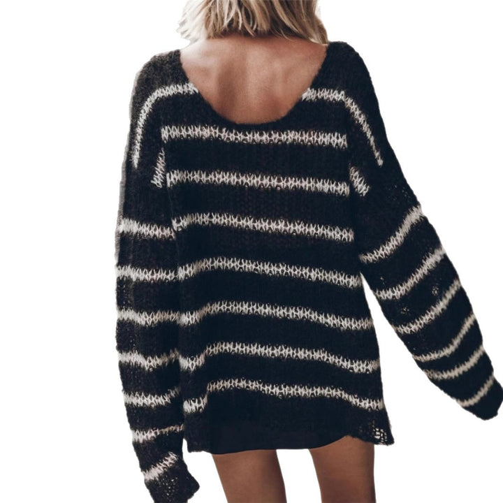 Oversized knitted sweater for women with a trendy striped pattern and a deep back neckline Lune London