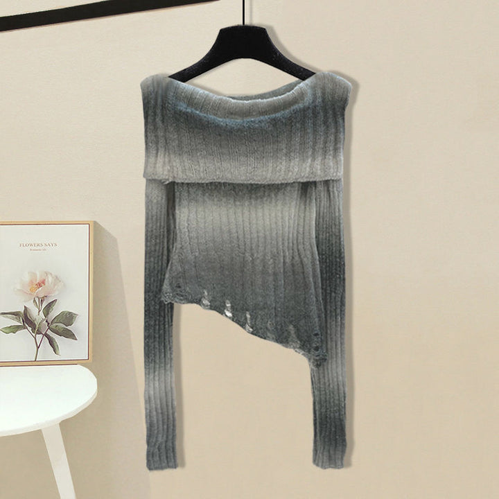 Trendy asymmetrical sweater for women with off-shoulder neckline and ribbed texture Lune London