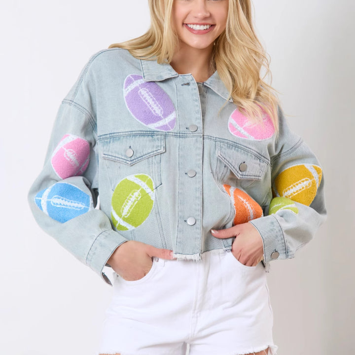 Trendy denim jacket for women with colorful football prints Lune London