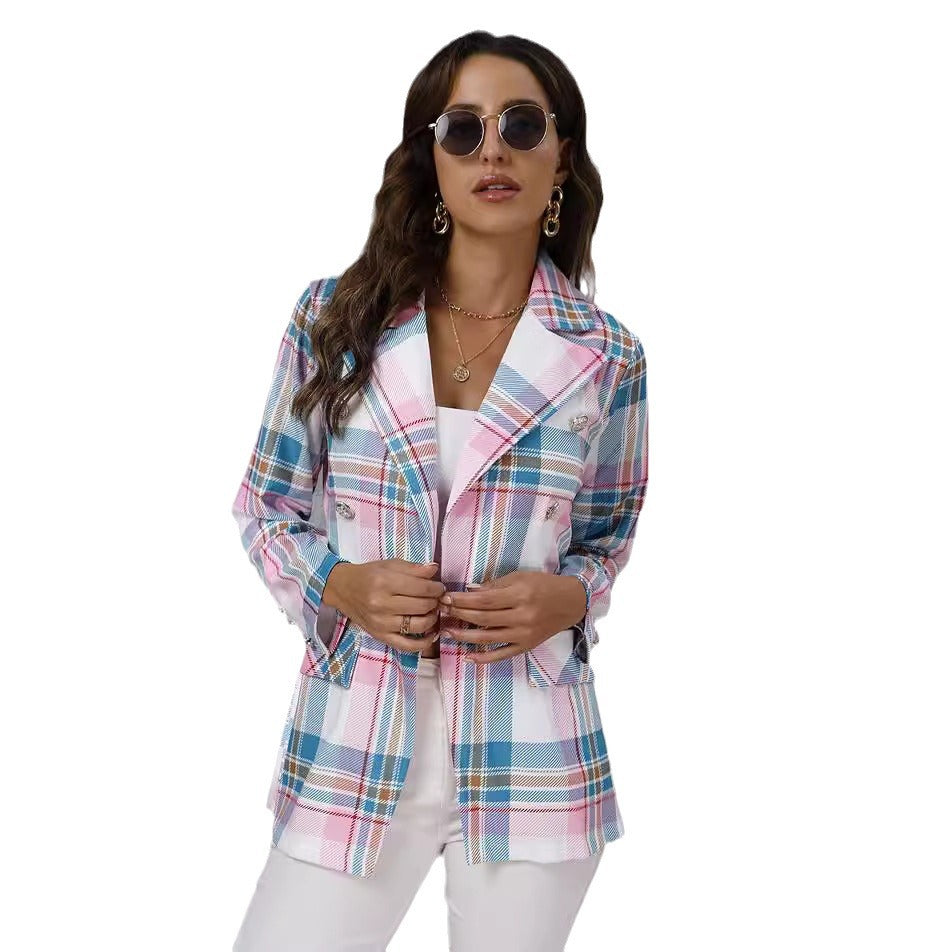 Plaid women's blazer with double button closure Lune London