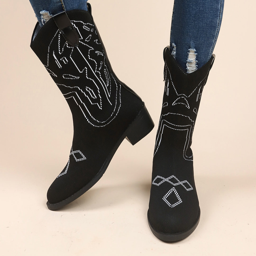 Women's cowboy boots with an artistic embroidered pattern and a sturdy heel Lune London