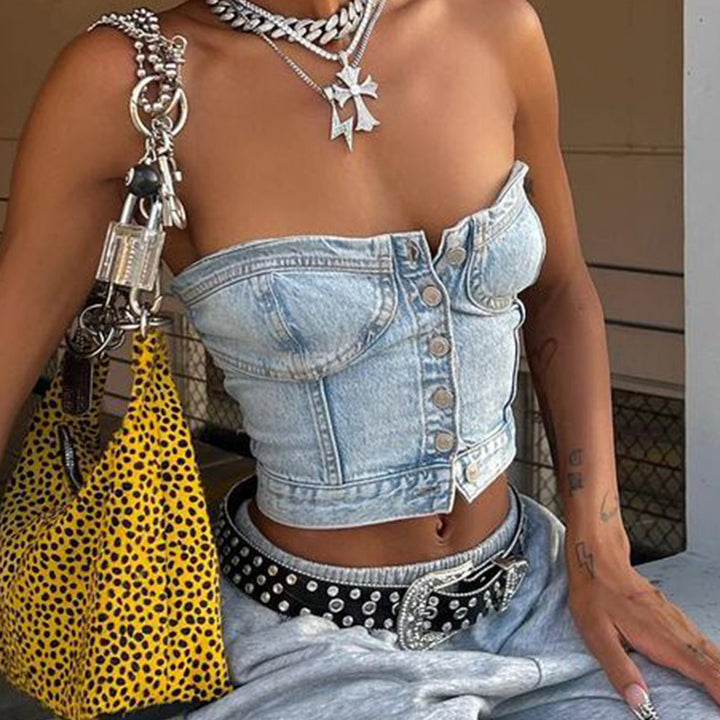 Women's Denim Crop Top with Knitted Overlay Lune London