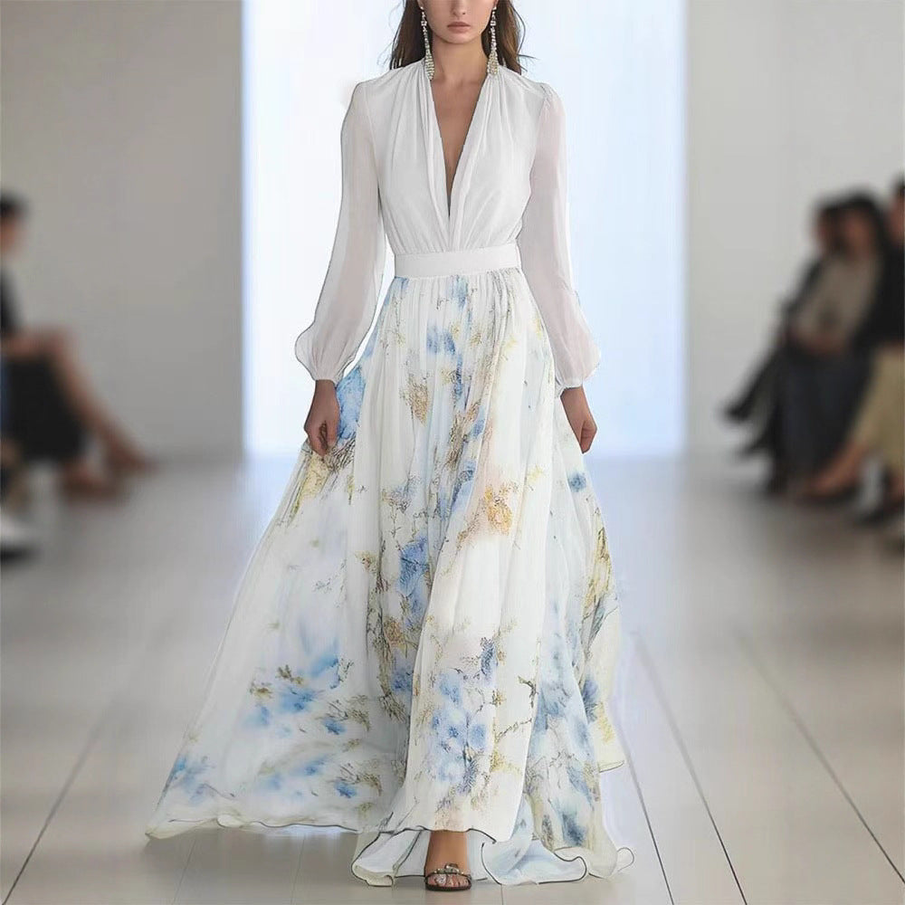Lune London Elegant puff sleeve floral chiffon maxi dress for women