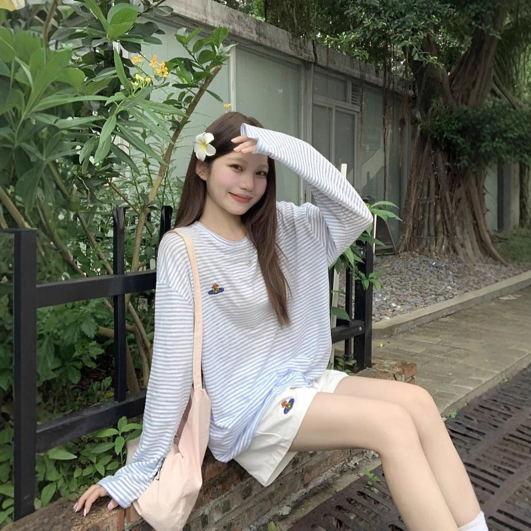 Women's long sleeve T-shirt with casual striped pattern and embroidered design Chic & Stil