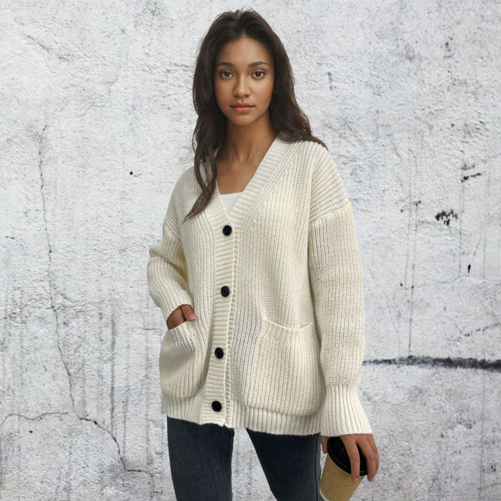 Ladies chunky knit cardigan with pockets and button details Lune London