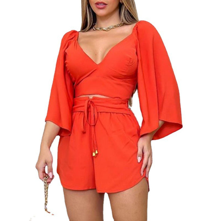 Ladies Elegant Bell Sleeve Crop-top and Chic Shorts Set