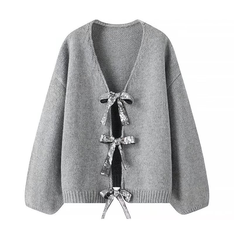 Cardigan en tricot lâche pour femmes avec détails élégants en forme de nœud Chic & Stil