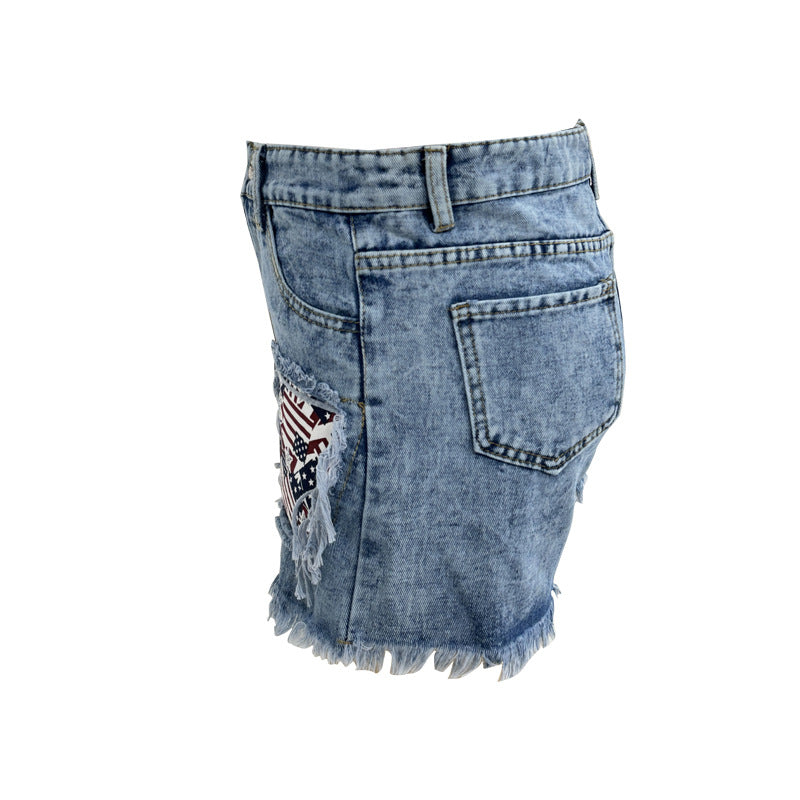 Women Destroyed Denim Shorts with frayed pockets and trendy patches Lune London