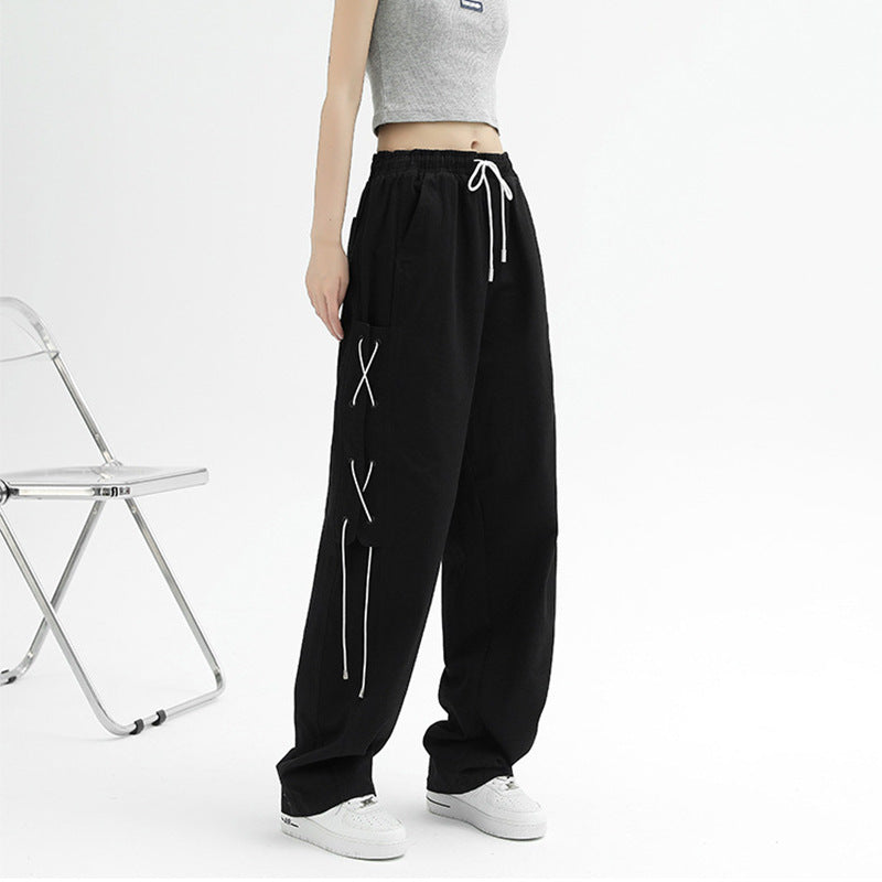 Women's Wide Cut Cargo Pants with Decorative Lacing
