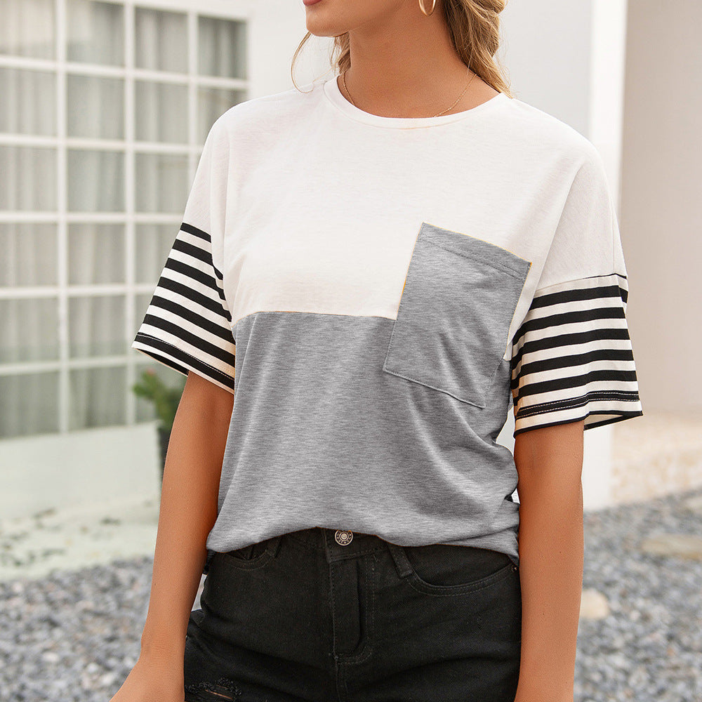 Fashion t-shirt for women with striped sleeves and applied pocket Lune London