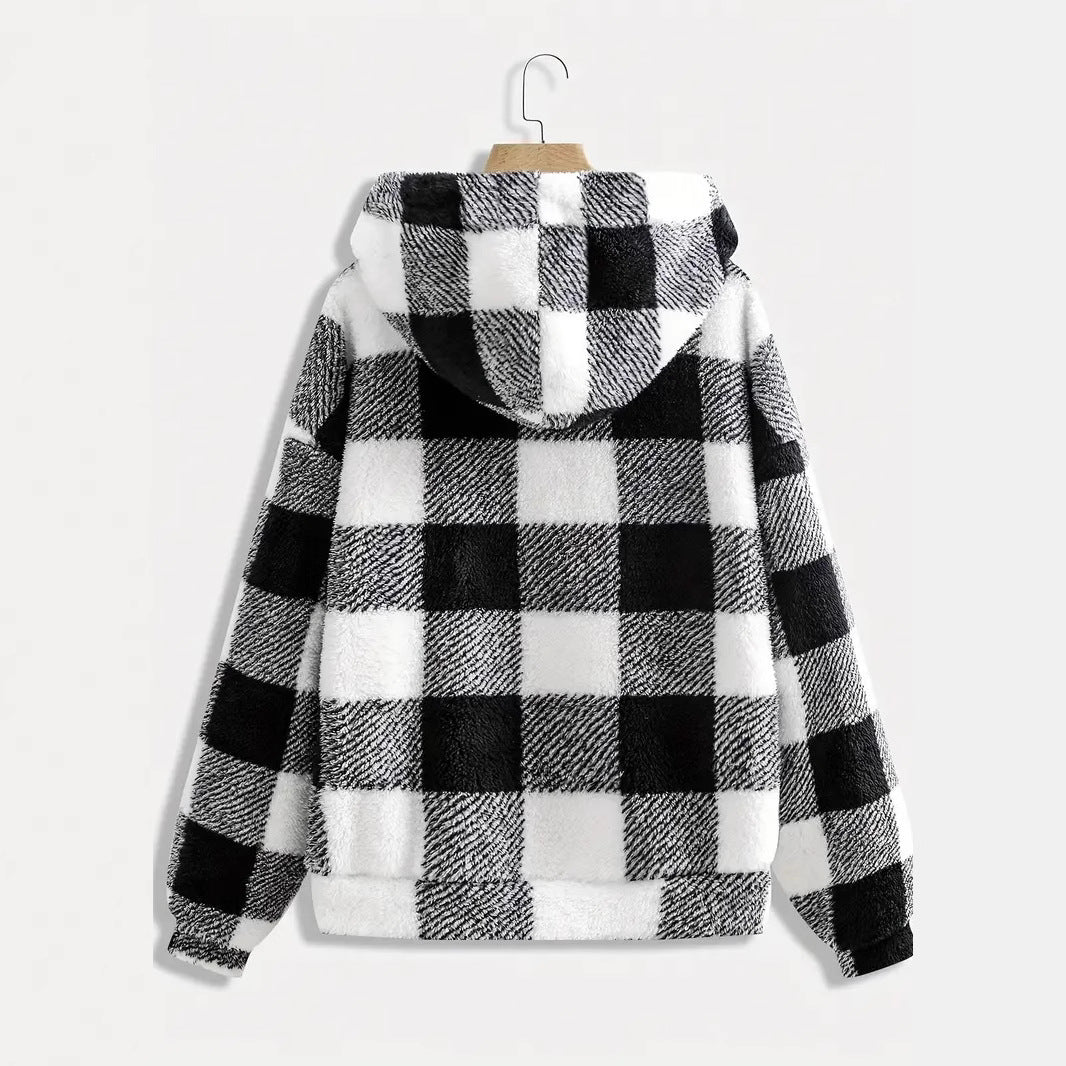 Lune London Women's Hooded Plush Jacket with Plaid Pattern