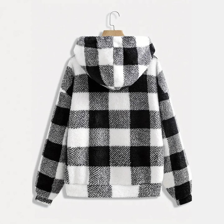 Lune London Women's Hooded Plush Jacket with Plaid Pattern