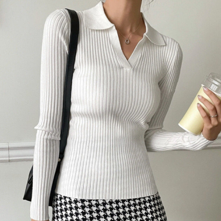 Women fine knit top with polo collar and ribbed structure Lune London