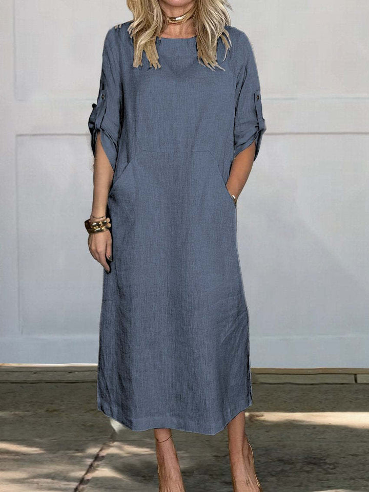 Lune London Long Casual Dress with Long Sleeves for Women with Practical Pockets and Roll-Up Sleeves