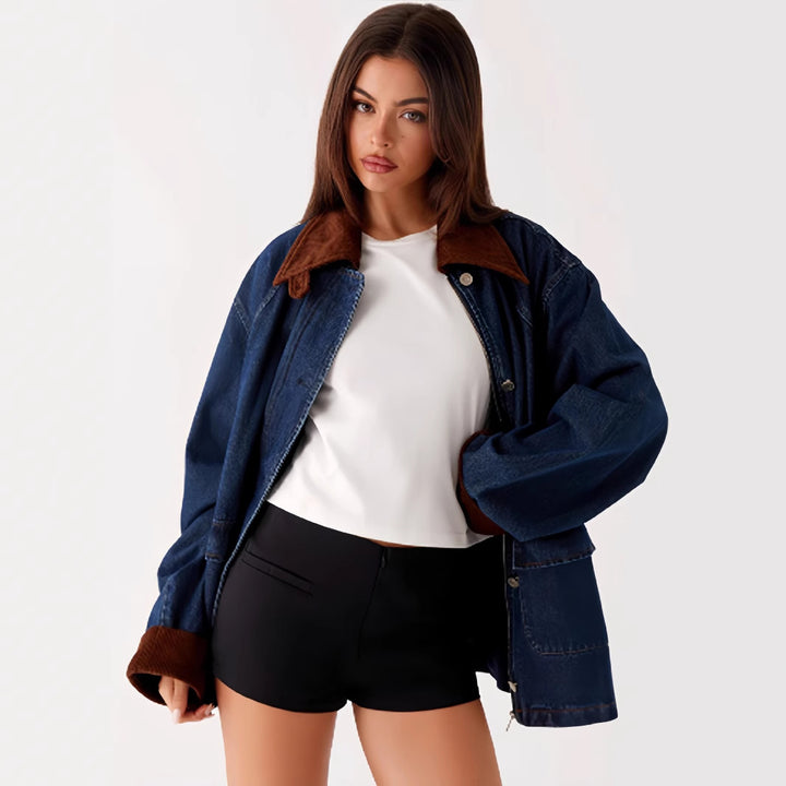 Denim jacket for women with hood and contrast sleeves Lune London