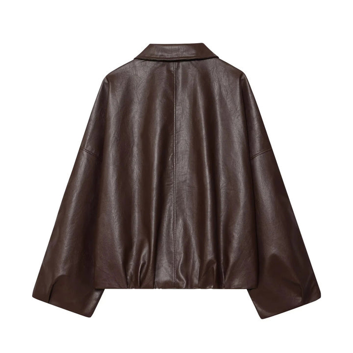 Cropped faux leather jacket for women with an urban style featuring a wide collar and practical pockets Lune London