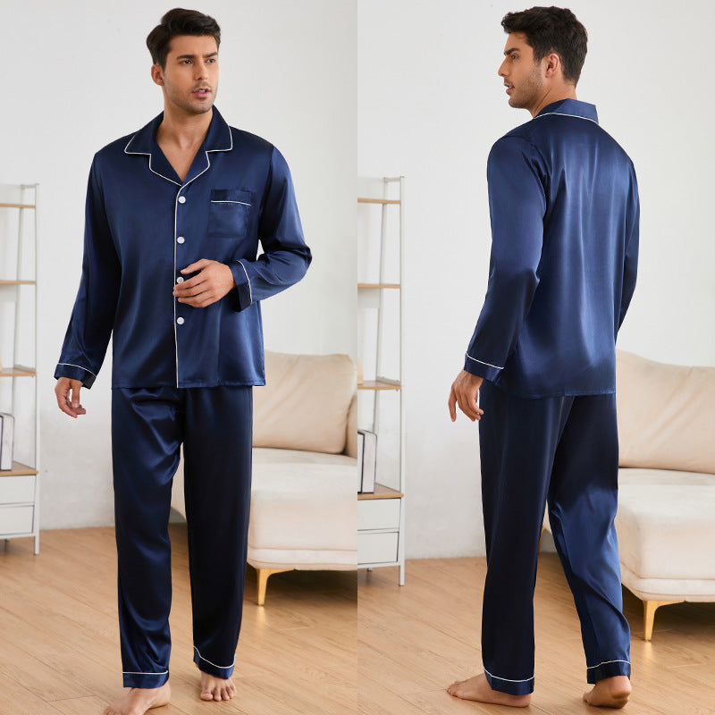 Men's Satin Pajama Set with Classic Collar and Elegant Contrast Stitching Lune London