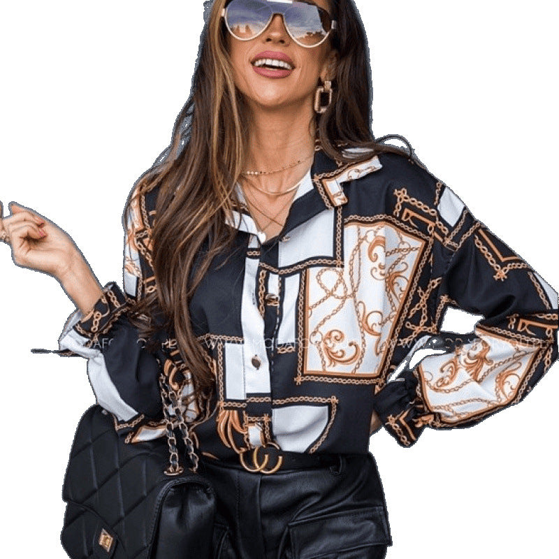 Ladies Elegant Chic Printed Button-Up Shirt