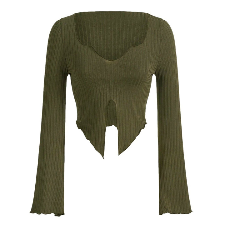 Long sleeve shirt for women, cropped, with asymmetrical hem and elegant ruffle details Chic & Stil