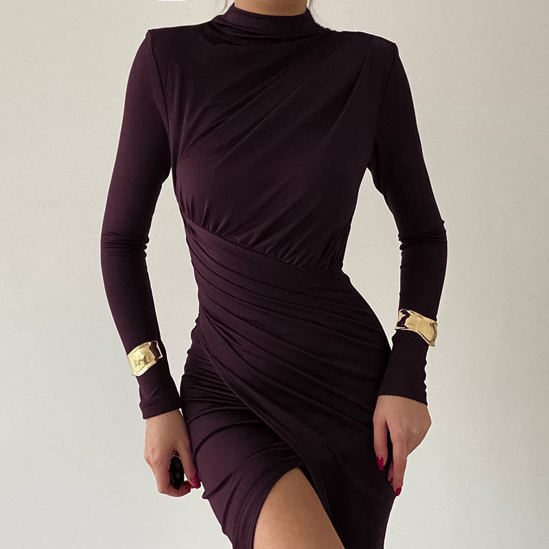 Long sleeve maxi dress for women with an elegant draped detail and a high collar Lune London