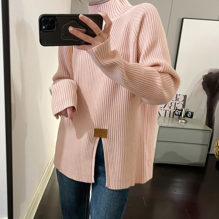 Ladies Modern Knit Sweater with High Collar and Chic Asymmetrical Cut