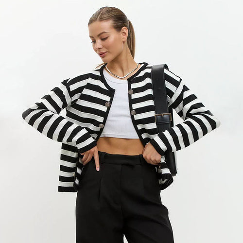Knitted jacket for women with a trendy striped pattern and elegant buttons Lune London