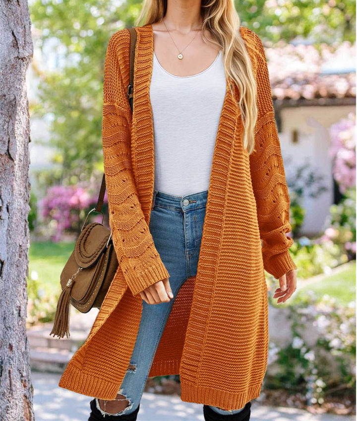 Ladies Long Knit Cardigan with an airy mesh structure and an open front Lune London