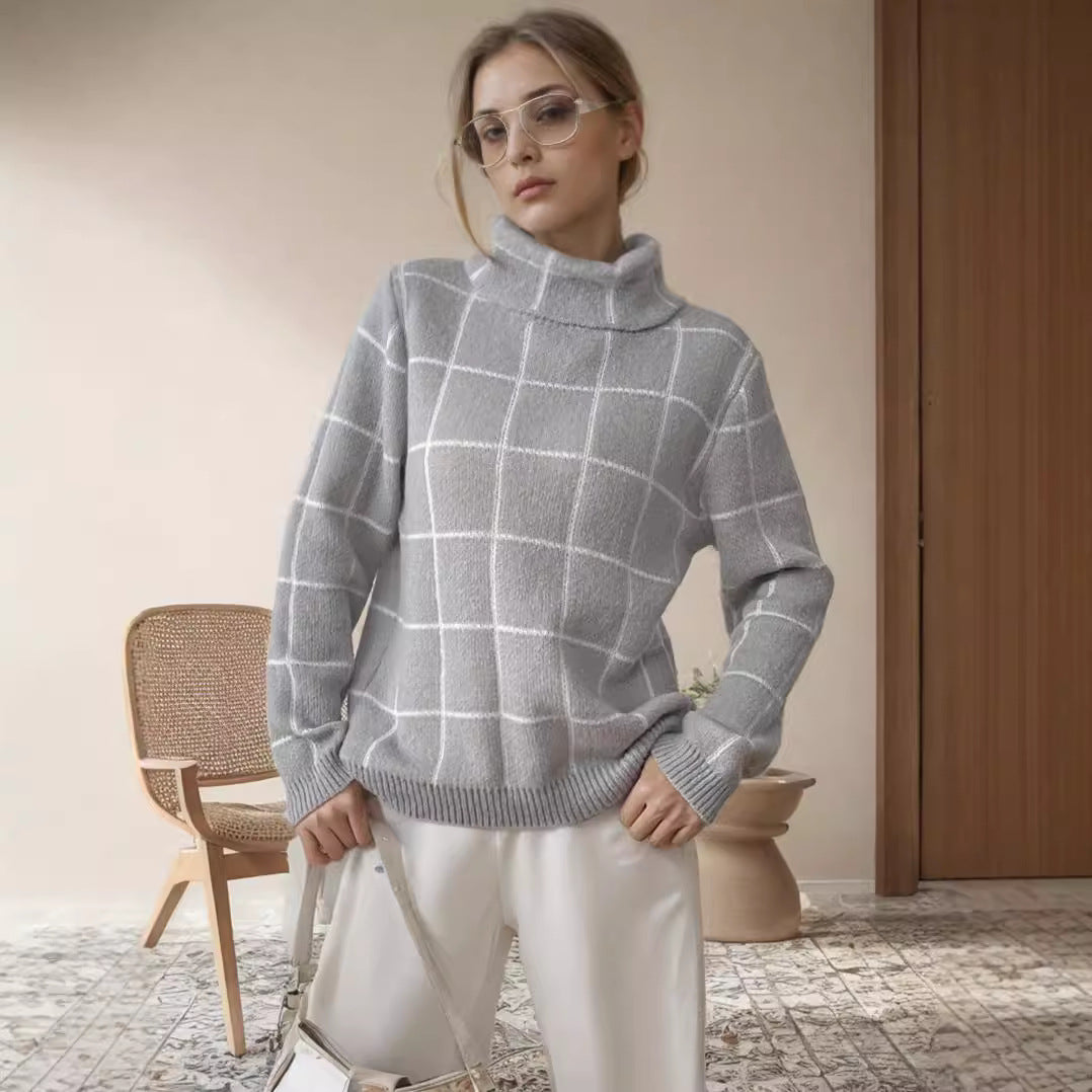 Pull décontracté pour femmes en tricot épais avec motif à carreaux moderne et col haut Chic & Stil