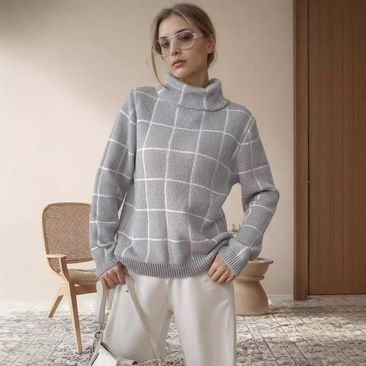 Pull décontracté pour femmes en tricot épais avec motif à carreaux moderne et col haut Chic & Stil