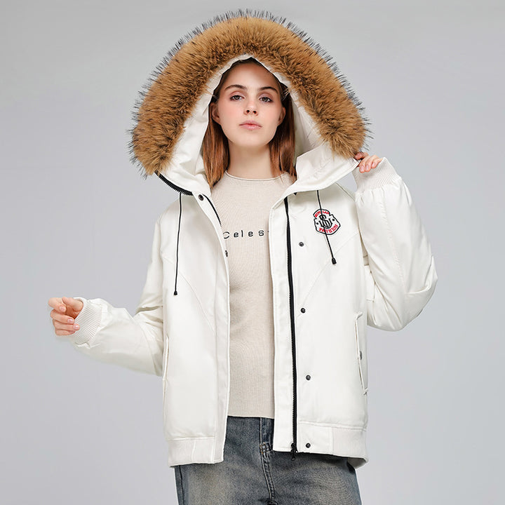 Ladies Puffer Sport Jacket with Removable Faux Fur Collar and Practical Chic Style Pockets