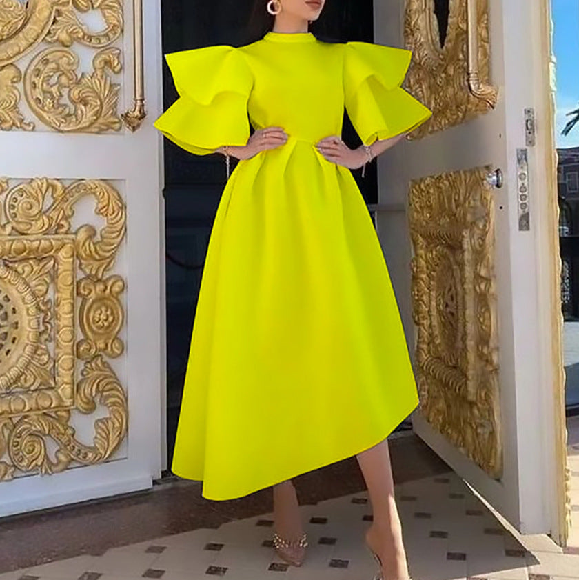 Midi dress for women with voluminous puff sleeves and an asymmetrical hem Lune London