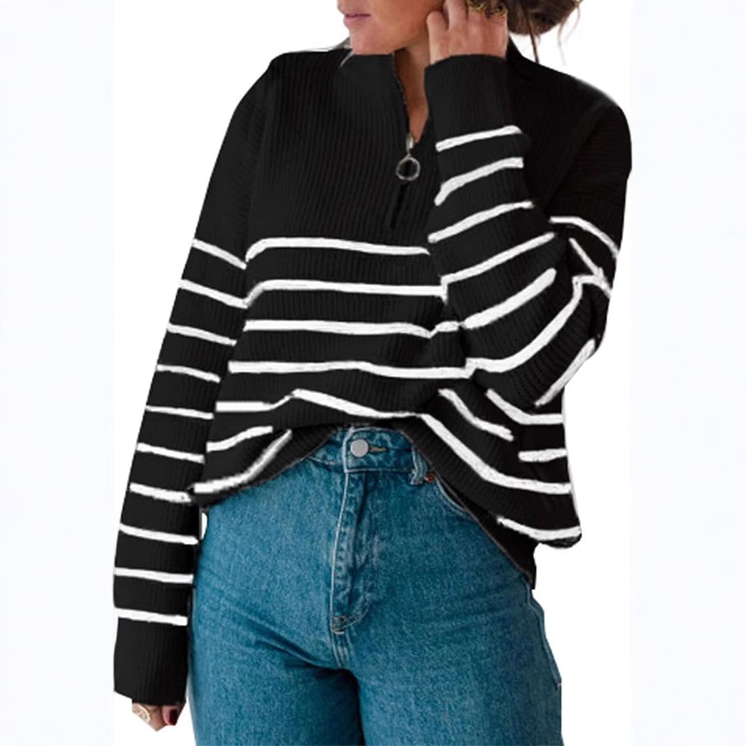 Casual sweater for women with short zipper and striped pattern Lune London