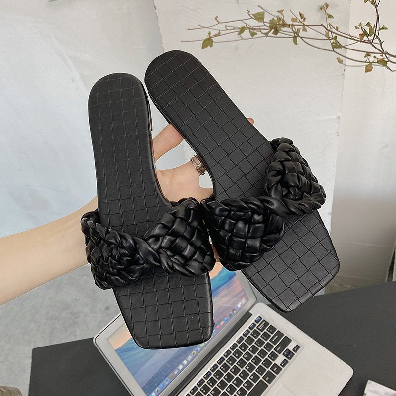 Strappy faux leather sandals with woven look Lune London