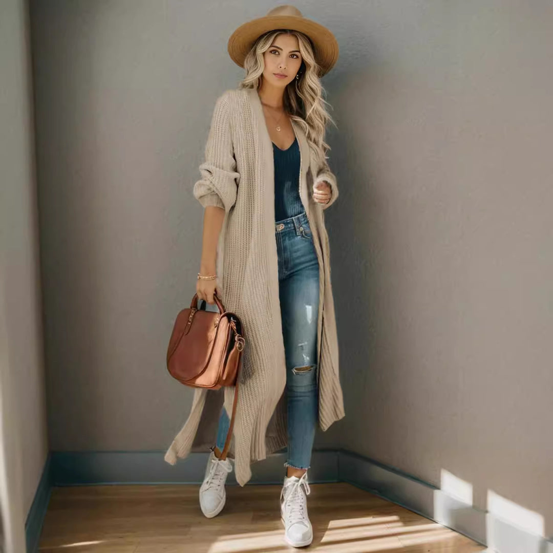 Ladies long cardigan in casual ribbed knit with open sleeves and pockets Lune London