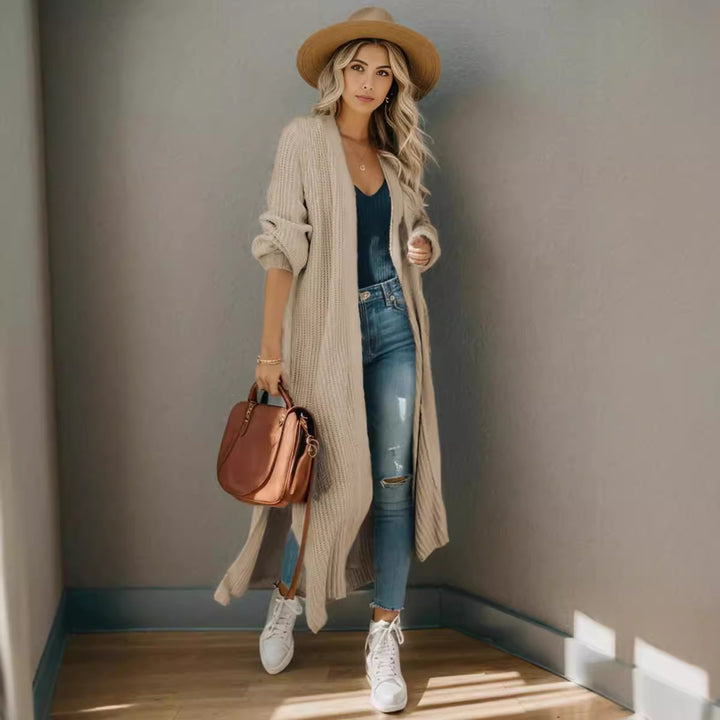 Ladies long cardigan in casual ribbed knit with open sleeves and pockets Lune London