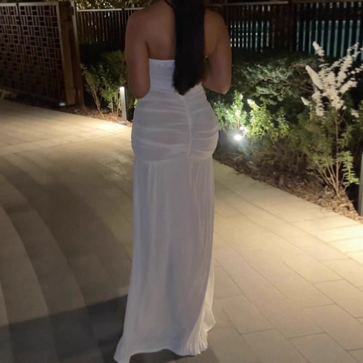 Ladies Elegant Sleeveless Maxi Dress with Ruffle Details and Chic High Split